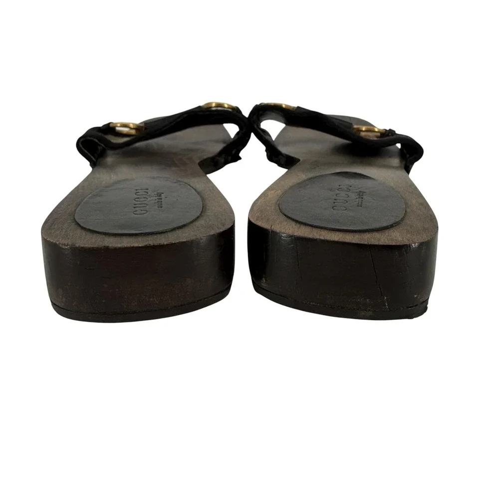 Gucci Vintage Horse-bit Wooden Slide Sandals Black Striped Canvas 8.5 Italy
